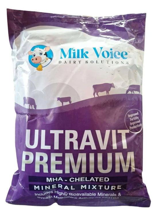 Ultravit Premium mineral mixture for animals in purple packaging, ideal for higher milk yield and reproductive performance.
