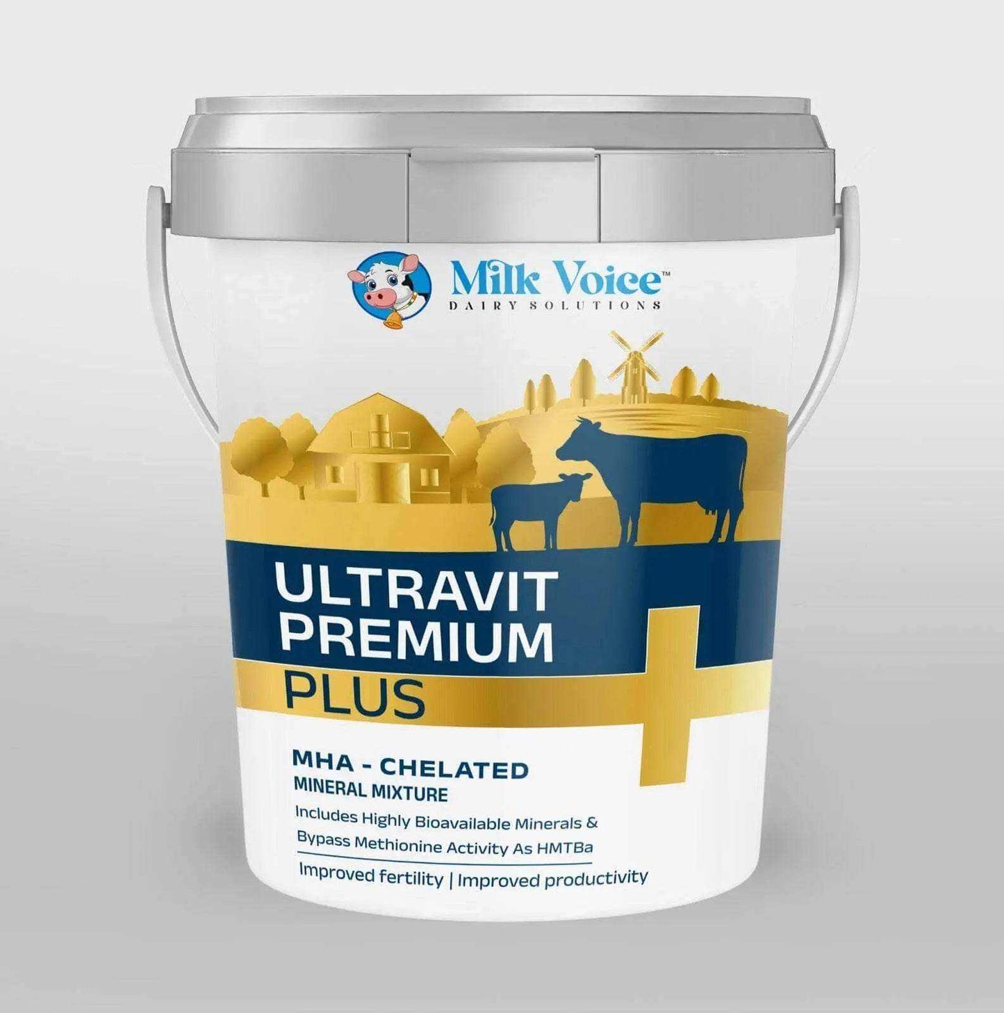Ultravit Premium Plus Mineral Mixture Packaging – Milk Voice Dairy Cattle Supplement Bag with Bypass Methionine, Chelated Minerals, and Fertility Boost Formula