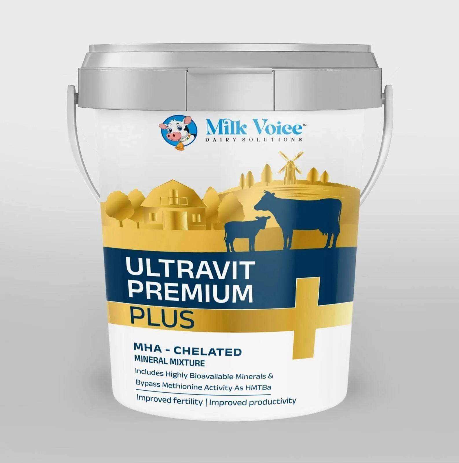 Ultravit Premium Plus Mineral Mixture Packaging – Milk Voice Dairy Cattle Supplement Bag with Bypass Methionine, Chelated Minerals, and Fertility Boost Formula