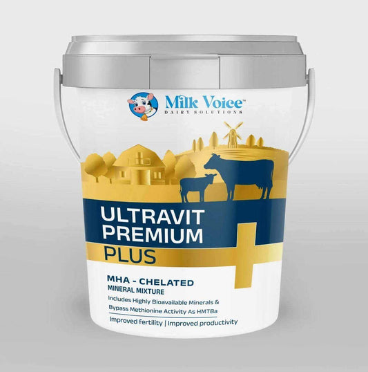 Ultravit Premium Plus Mineral Mixture Packaging – Milk Voice Dairy Cattle Supplement Bag with Bypass Methionine, Chelated Minerals, and Fertility Boost Formula