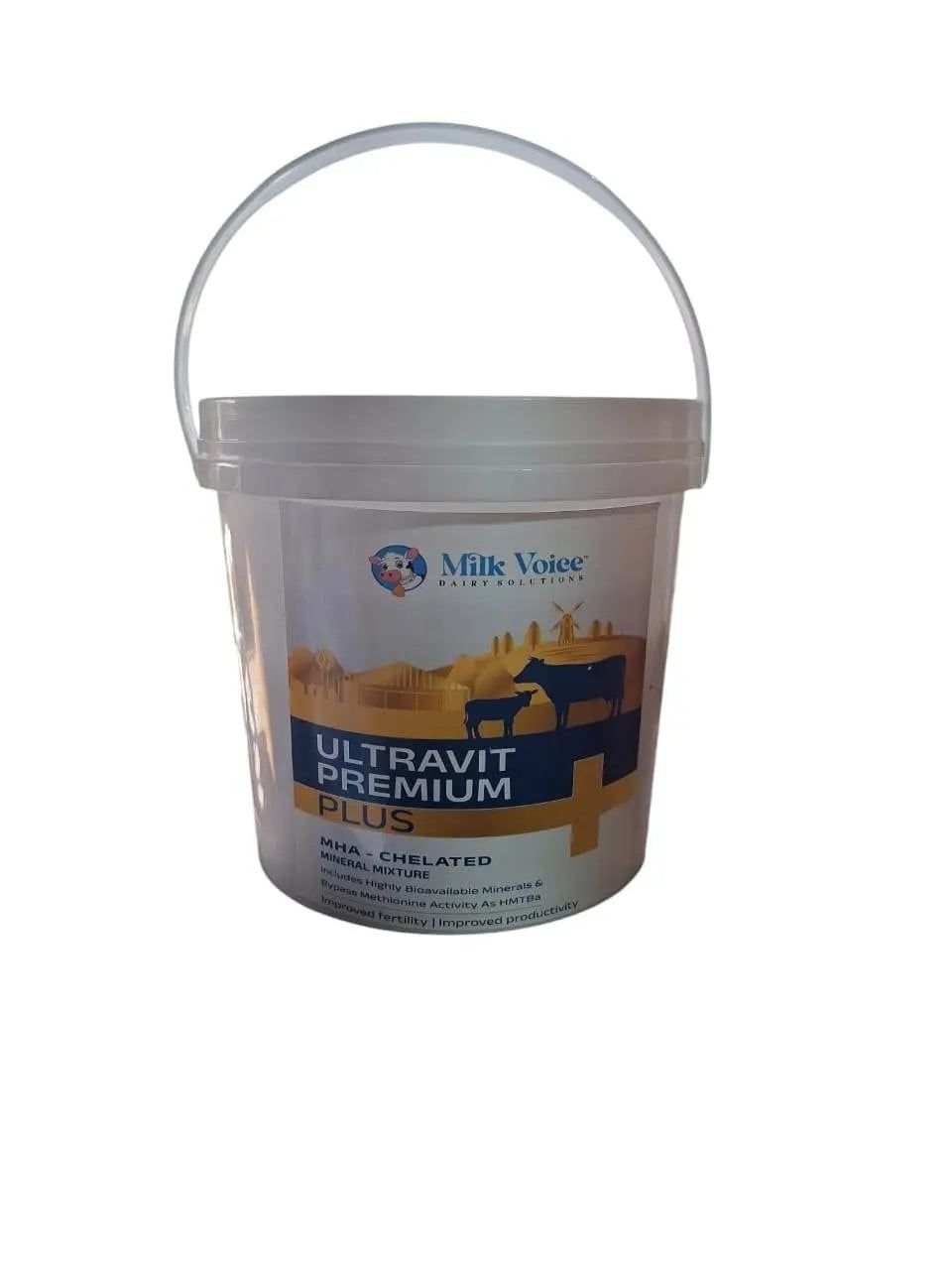 Ultravit Premium Plus Mineral Mixture Packaging – Milk Voice Dairy Cattle Supplement Bag with Bypass Methionine, Chelated Minerals, and Fertility Boost Formula