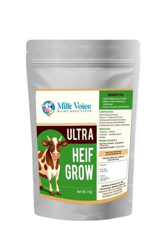 Ultra Heif Grow supplement pouch for calf and heifer growth by Milk Voice.