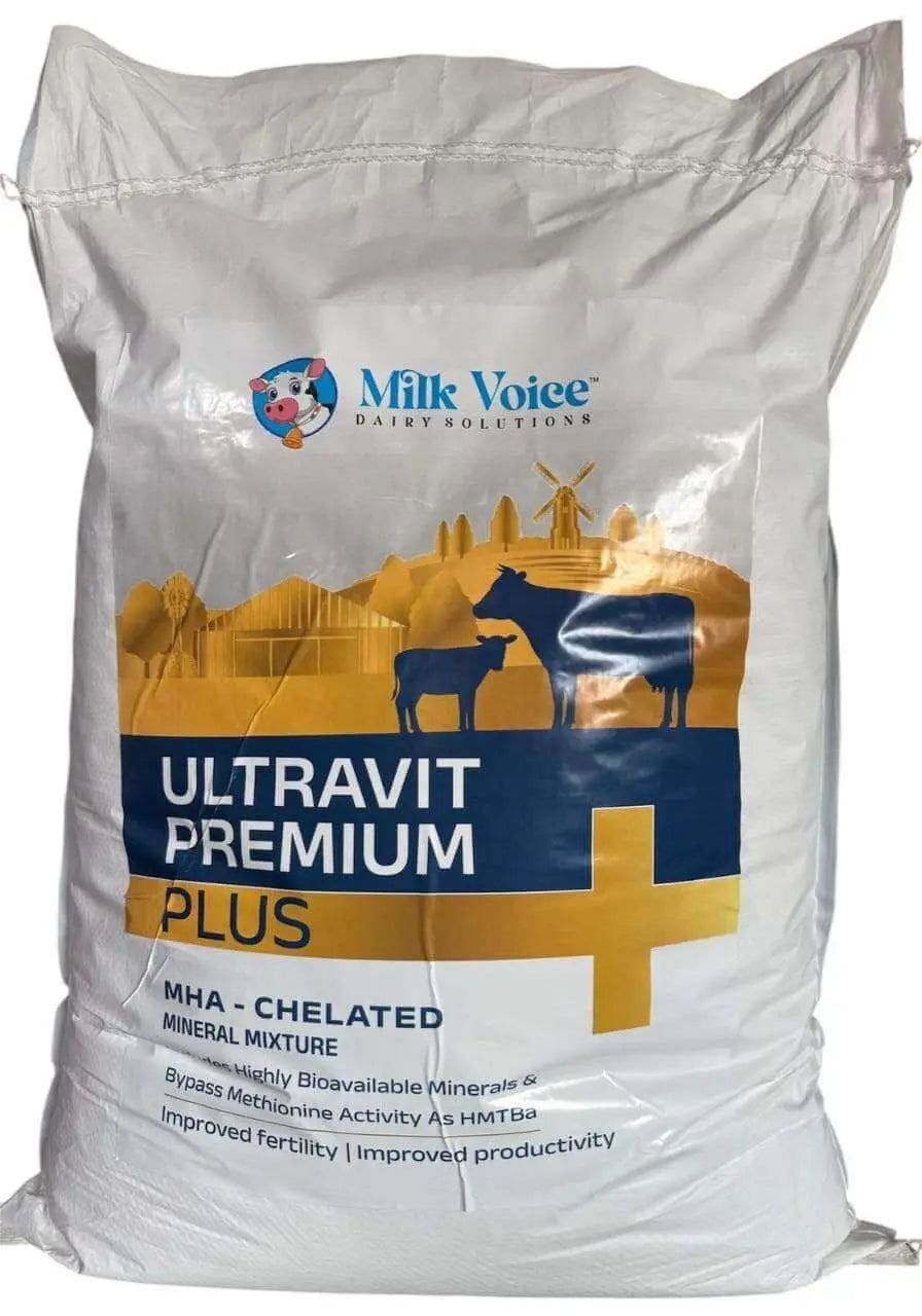 Ultravit Premium mineral mixture powder for animals in a white bag enhancing milk yield and reproductive performance.
