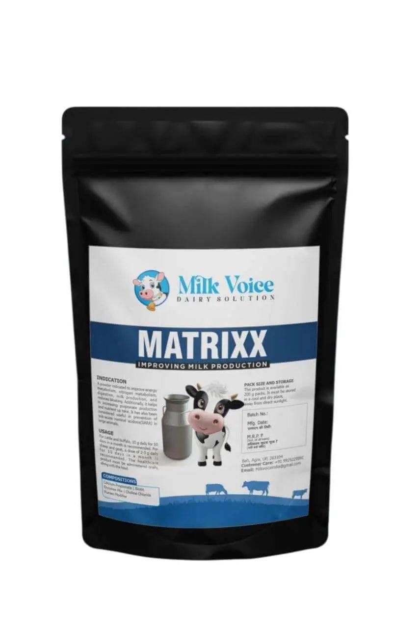 Matrixx Milk Booster packaging, formulated to enhance milk production in cows and buffaloes. Supports energy balance and udder health. Trusted by dairy farmers.