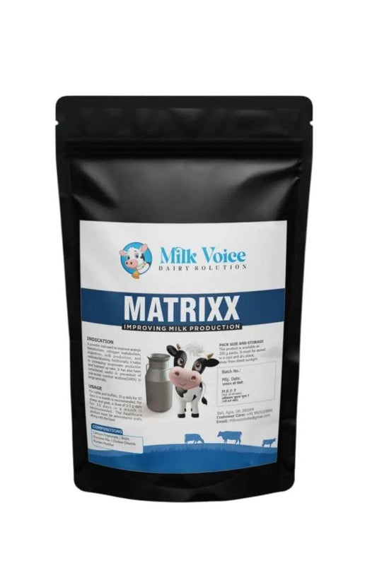 Matrixx Milk Booster packaging, formulated to enhance milk production in cows and buffaloes. Supports energy balance and udder health. Trusted by dairy farmers.