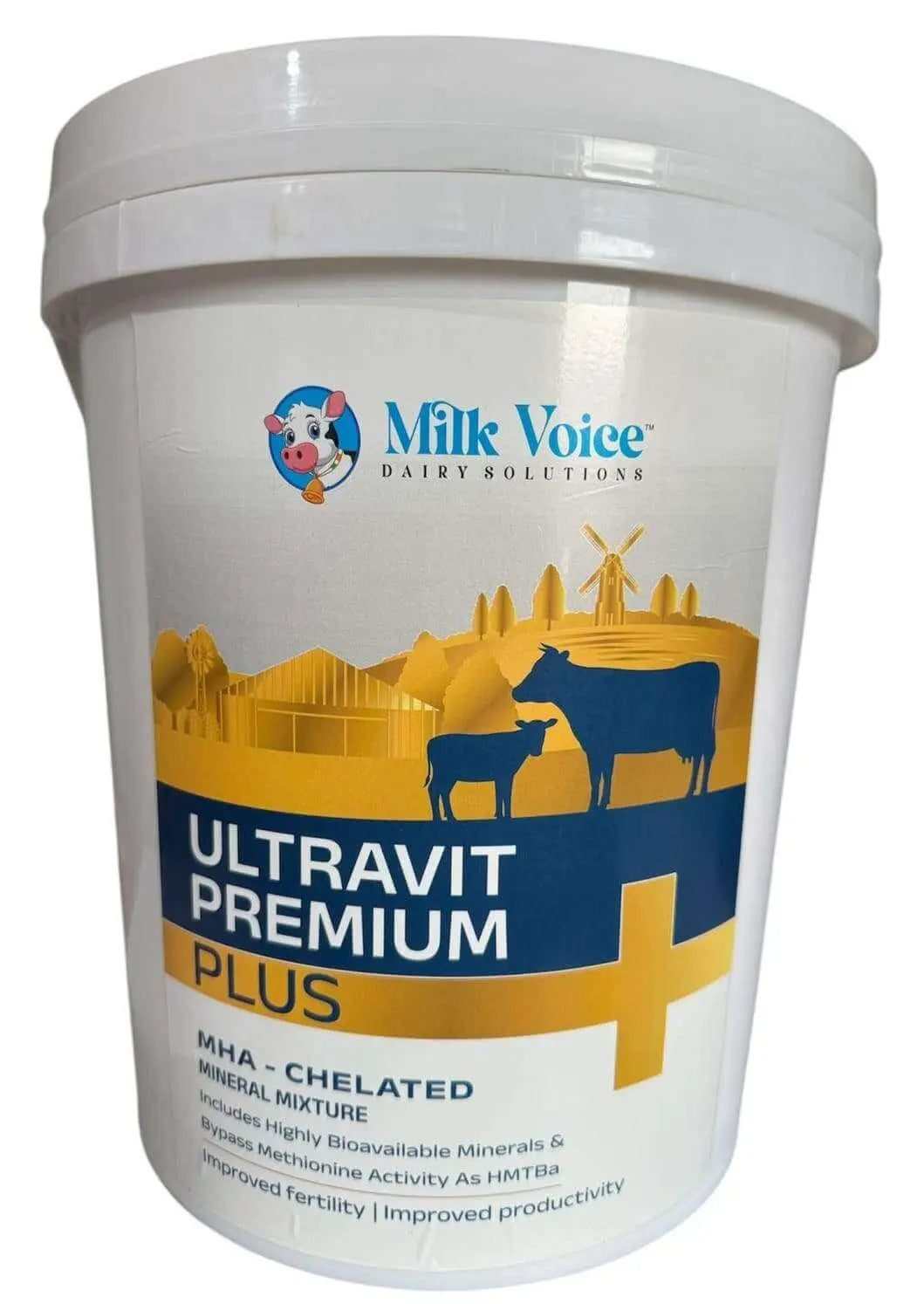 Ultravit Premium Plus Mineral Mixture Packaging – Milk Voice Dairy Cattle Supplement Bag with Bypass Methionine, Chelated Minerals, and Fertility Boost Formula