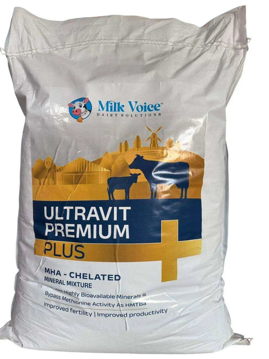 Ultravit Premium Plus Mineral Mixture Packaging – Milk Voice Dairy Cattle Supplement Bag with Bypass Methionine, Chelated Minerals, and Fertility Boost Formula